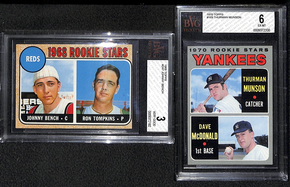 Lot of 2 - 1968 Topps #247 Johnny Bench Rookie Card - BVG 3 & 1970 Topps #189 Thurman Munson Rookie Card - BVG 6
